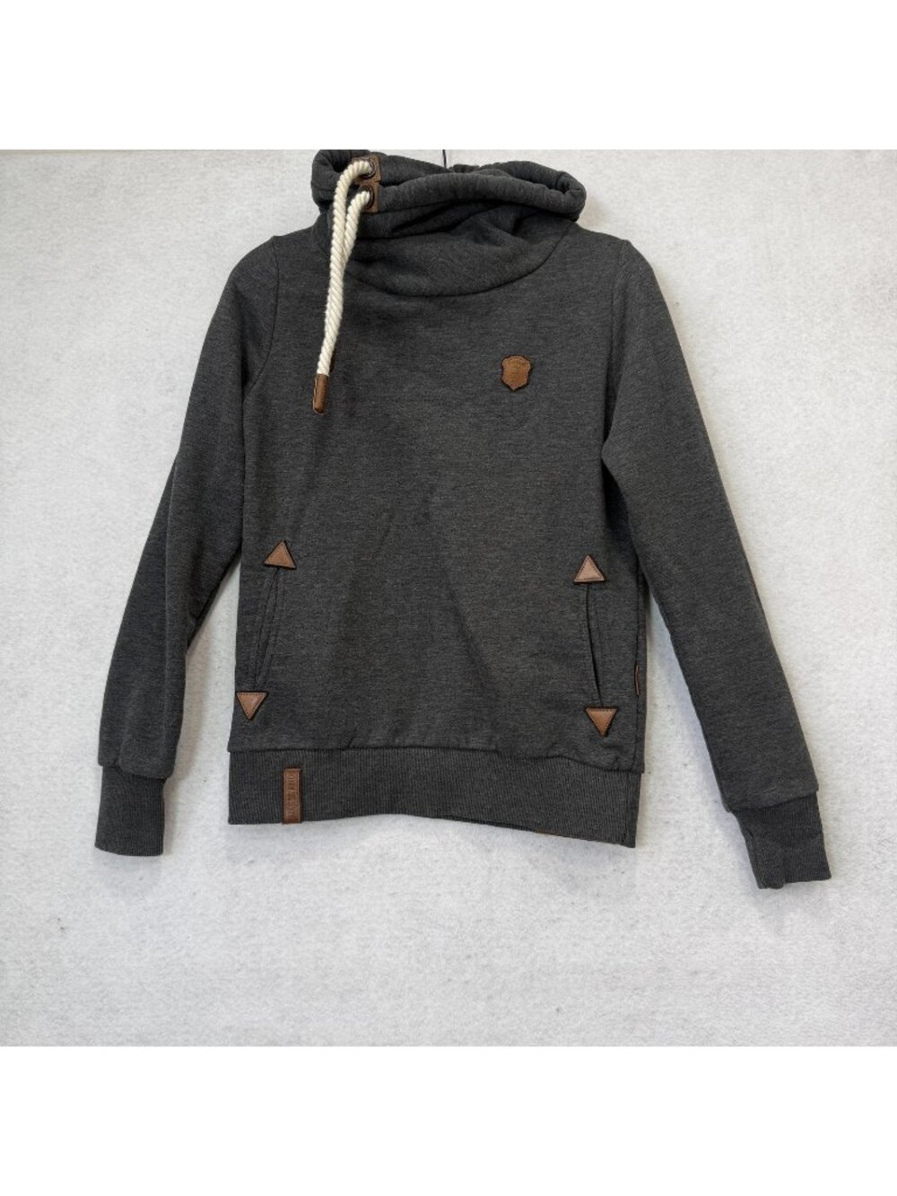Naketano Hoodie Mens Medium Gray Fleece Funnel Neck Pullover Pockets Logo